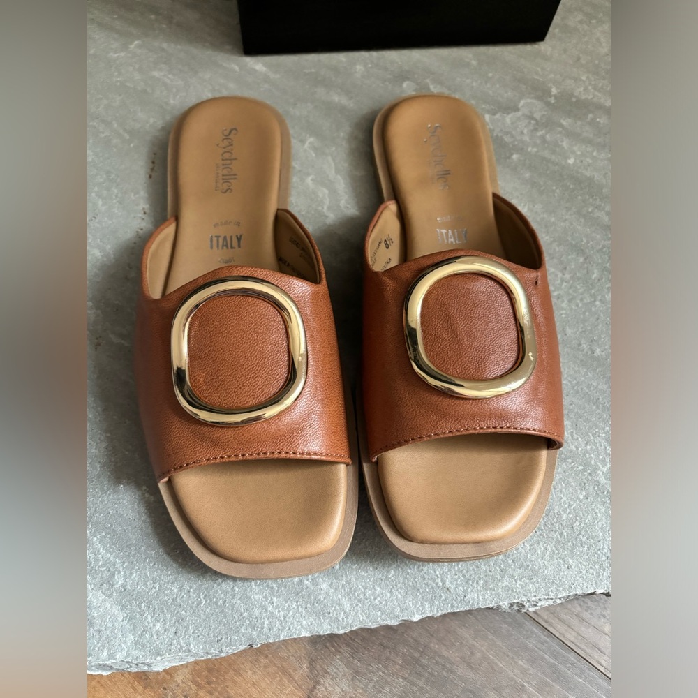 Seychelles Women’s Size 8.5 Tan Leather Gold End Of Time Slide Sandal FLAW - Picture 2 of 10